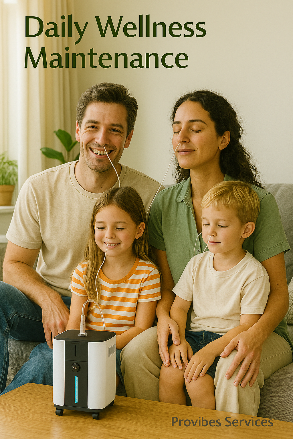 阳光客厅中家庭成员使用氢气机的健康生活场景